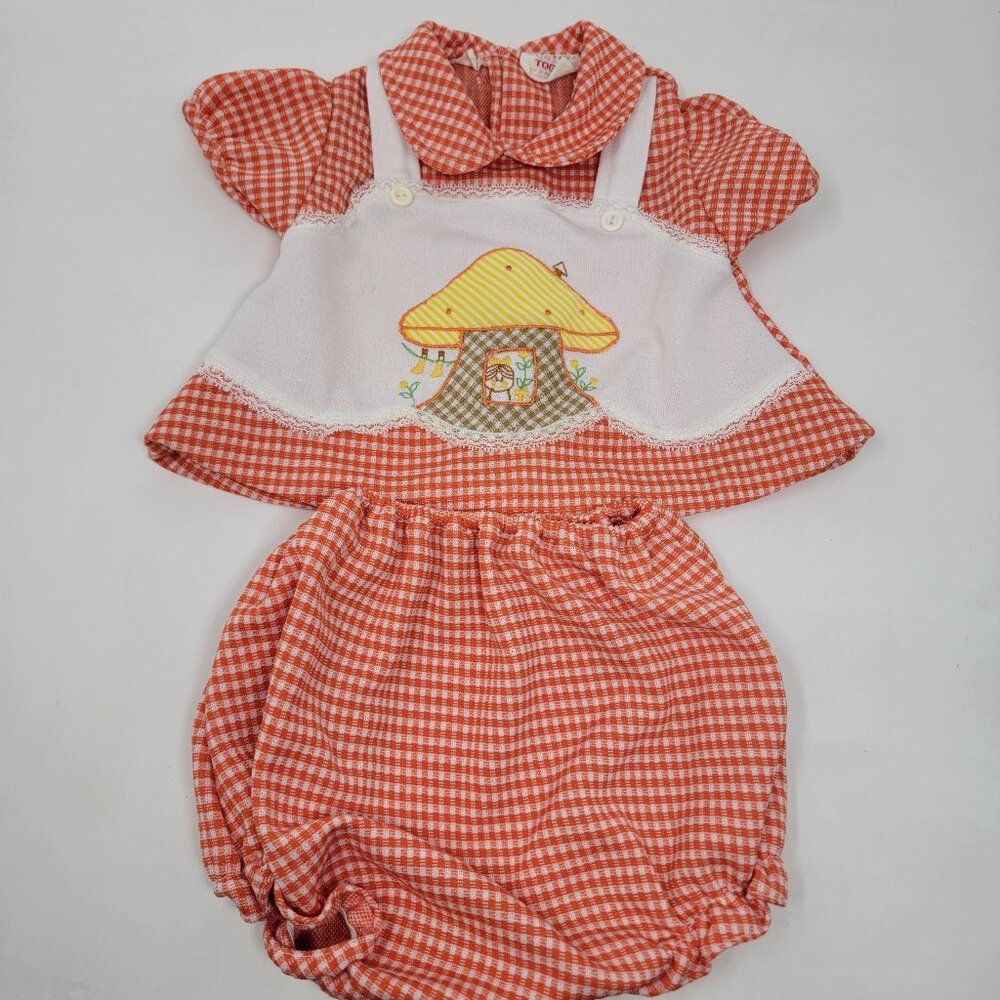 Vintage Mini Togs Baby Gingham Outfit Embroidered Mushroom Top & Bloomers *READ*